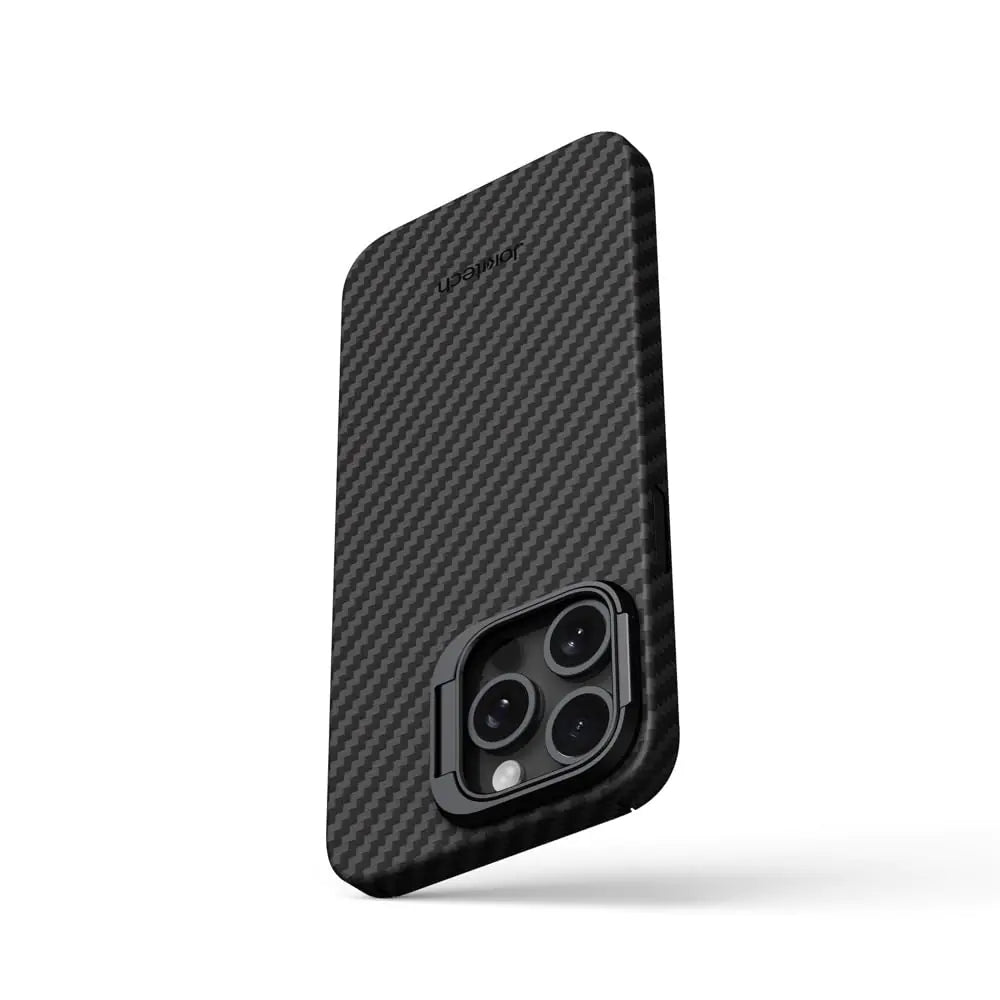 Funda de Fibra de Carbono JOKItech Ultimate Protection para iPhone 15 Pro Max con Anillo de Cámara y Soporte Tipo Kickstand 0.7mm Superslim - Negro/Gris